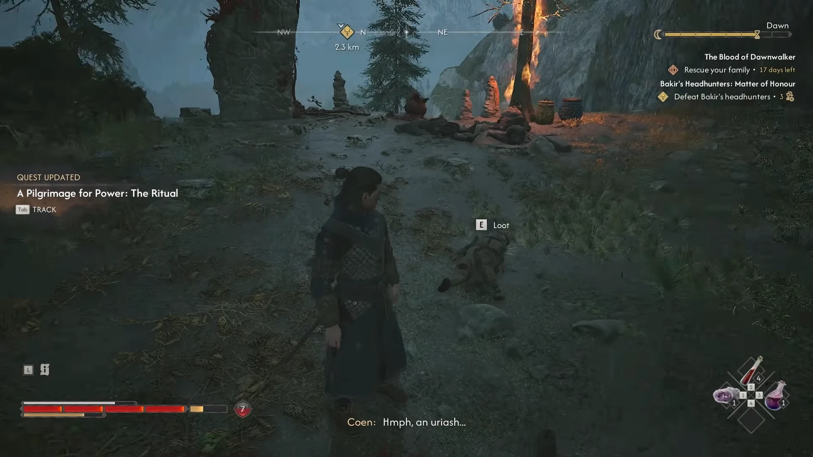 The Ritual updates beside a lootable body; the subtitle identifies an uriash, not a confirmed witch reward.