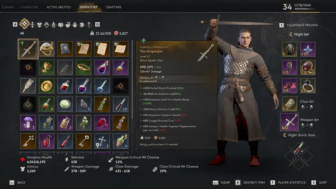 The Kingslayer's inventory card from the source save; its level and numbers are examples, not fixed drop values.