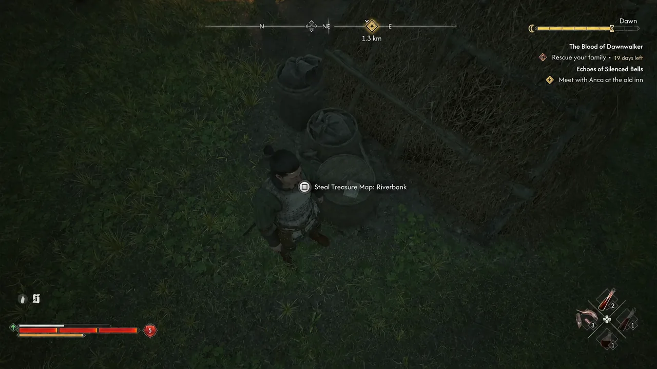 The interaction names Treasure Map: Riverbank beside barrels and sacks. The Anca tracker is unrelated to this pickup.
