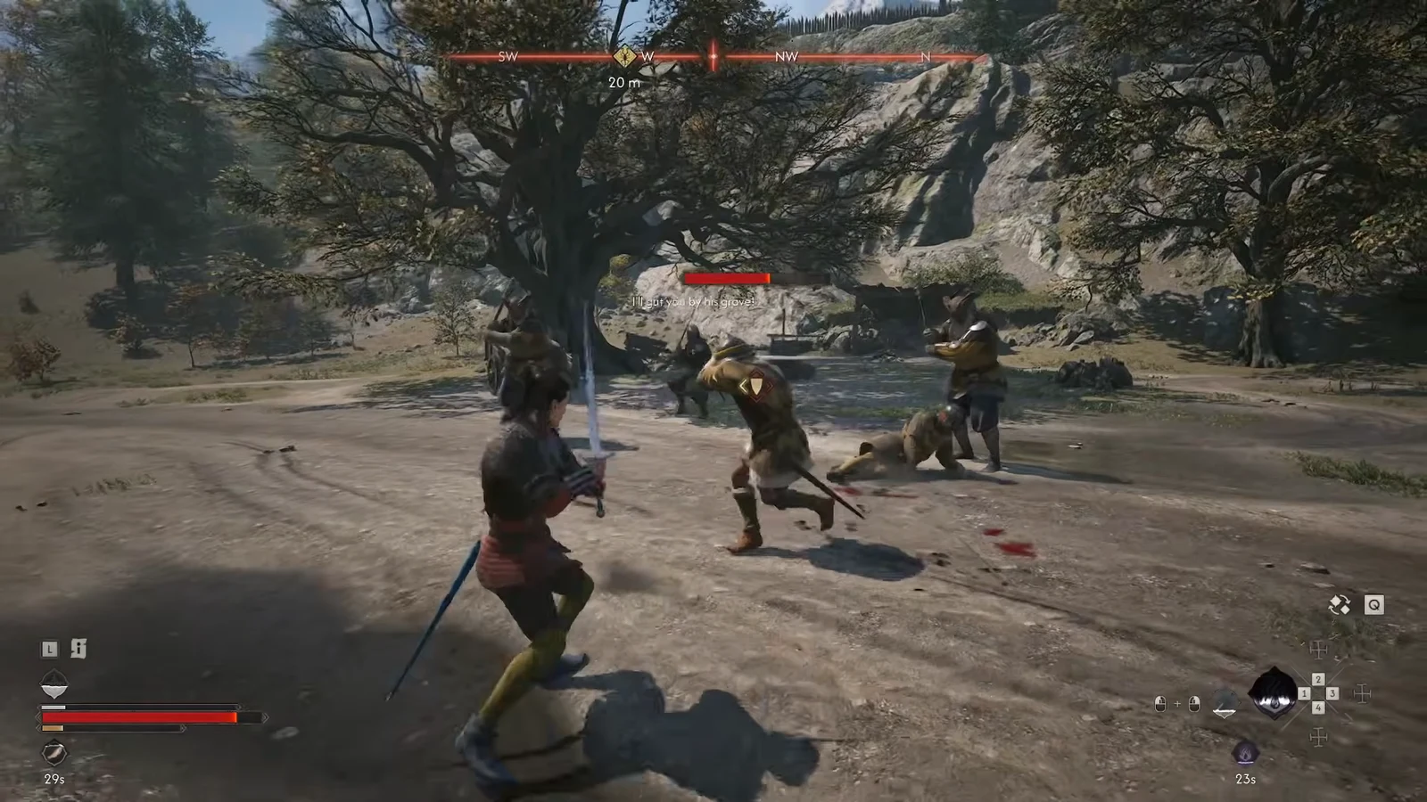 Coen faces several attackers beside the roadside tree. This frame does not establish the full escort count.