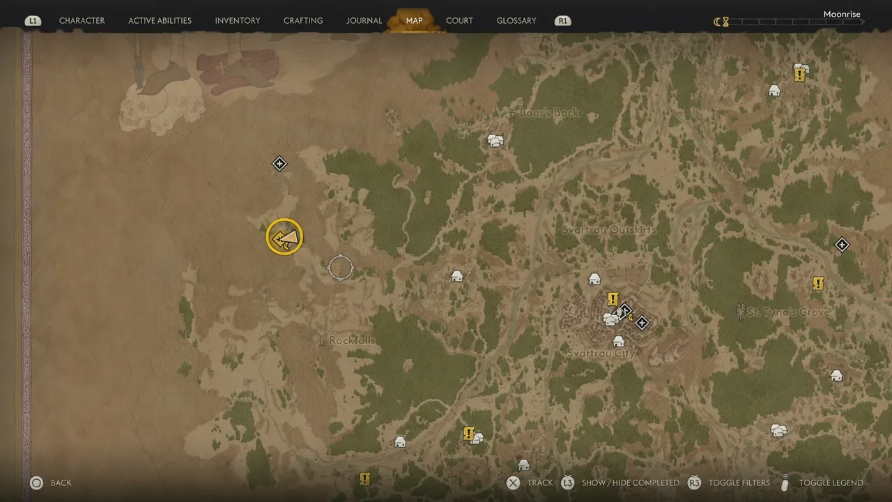 Regional map from the source; the tower name is not visible in this frame. Use the tracked quest to confirm your destination.