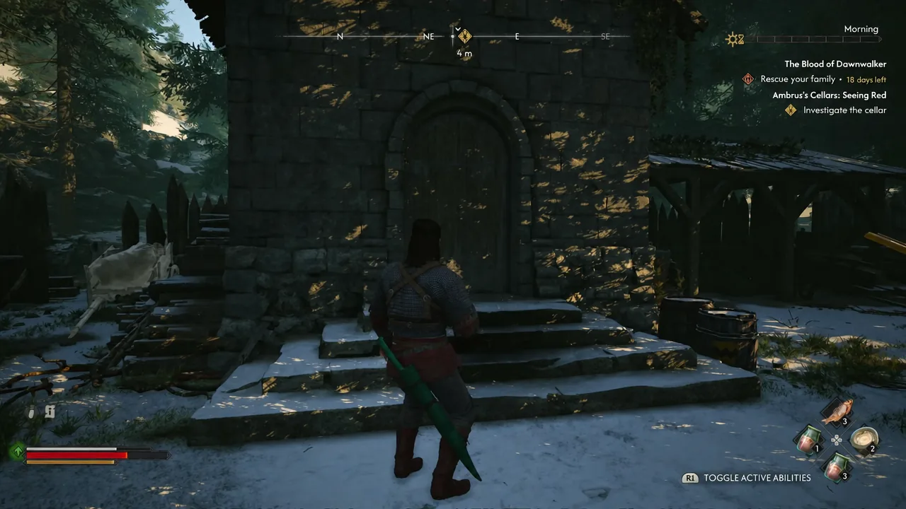 The building doorway with Seeing Red’s cellar-investigation objective on the HUD; this is not the outer fence gap.