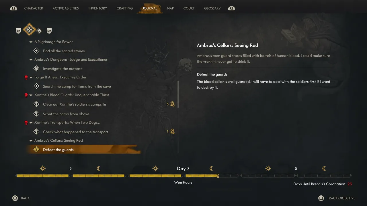 Seeing Red selected in the journal, with the guard-clearing objective. Time markers on other entries are not this quest’s cost.