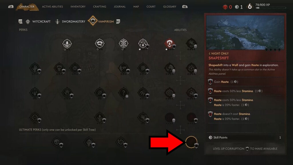 Shapeshift node at the lower right of the Vampirism tree