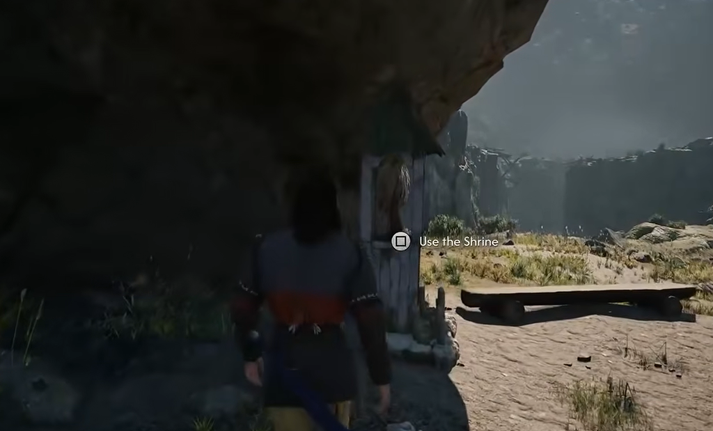 Approach the shrine until the Use the Shrine interaction appears; the travel menu is not open in this frame.