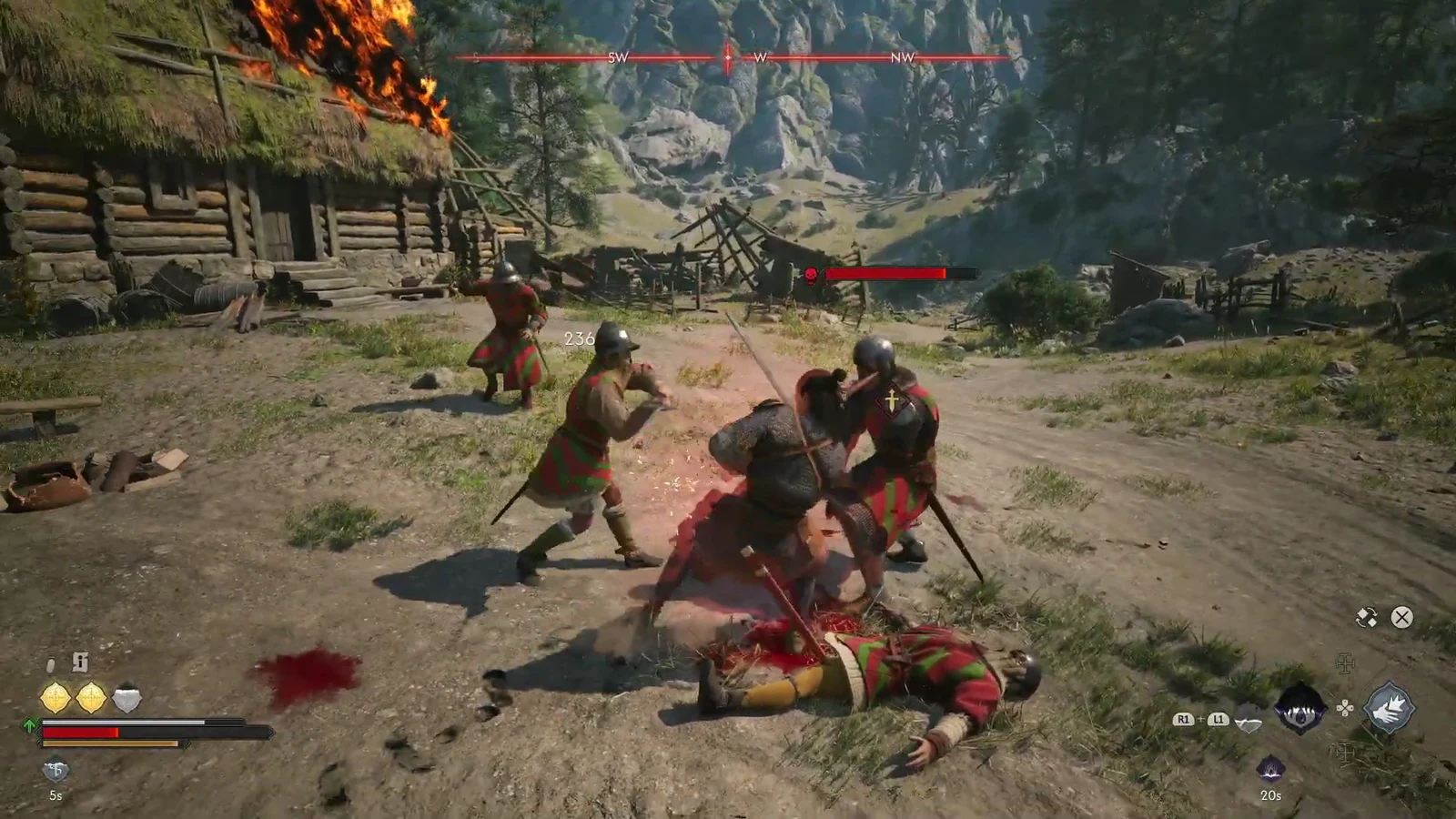 Several armed enemies beside a burning hut; no completion banner or full route is shown.