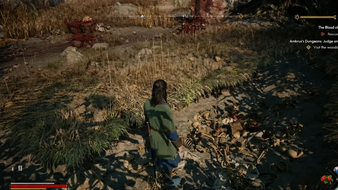 Mass Grave reference: skeleton piles beside Coen. The cropped tracker belongs to another task.