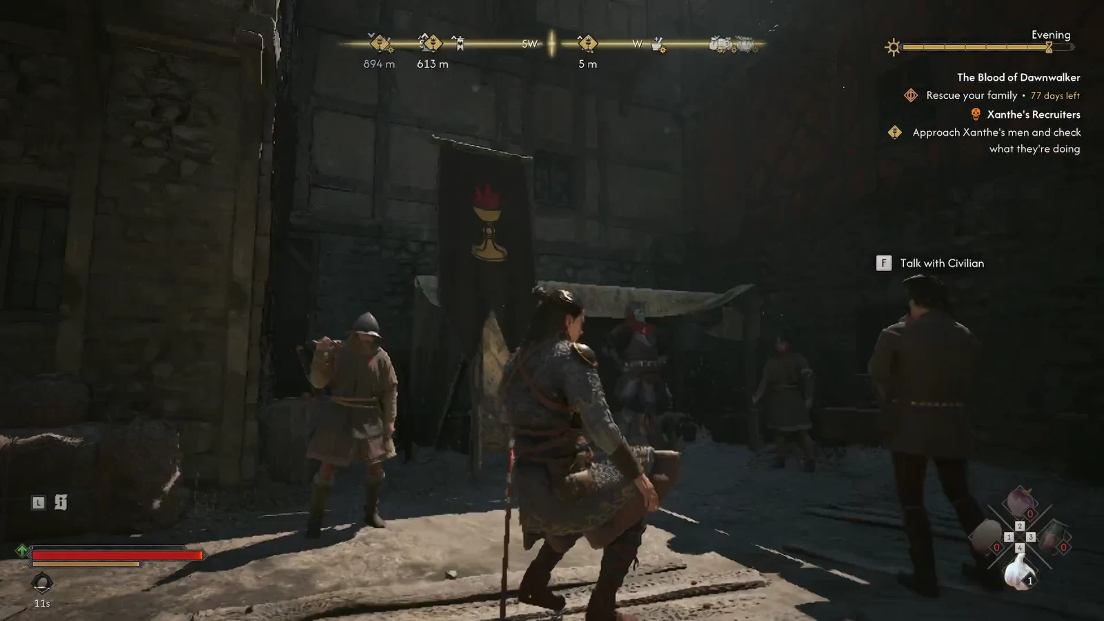 Recruiter objective active; the visible interaction is with a civilian.