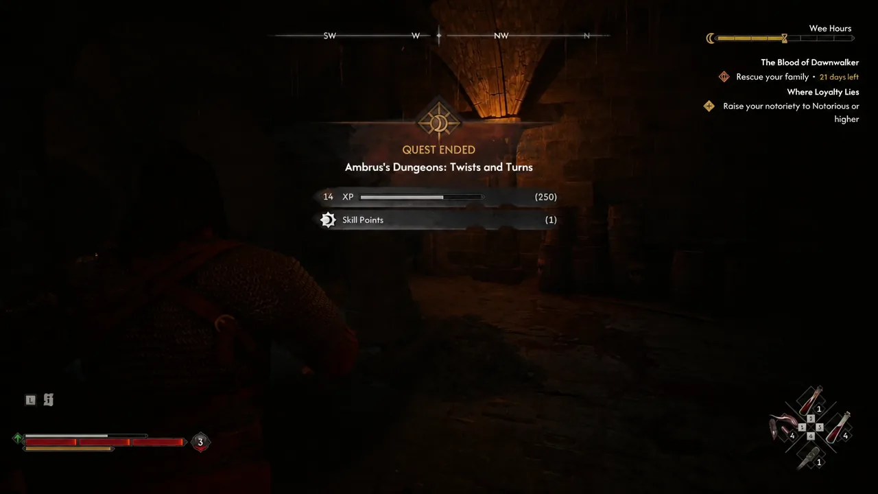 Completion panel lists 250 XP and one skill point. A different tracked quest is visible at the right.