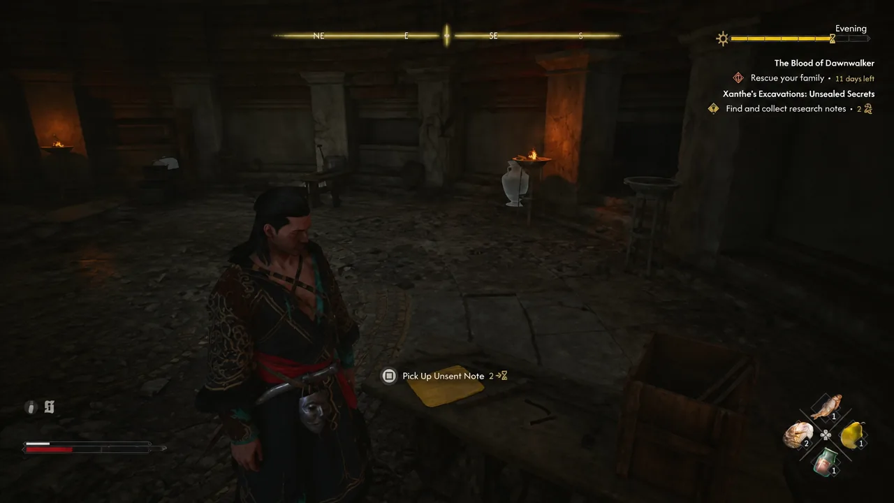Unsealed Secrets is tracked while the Unsent Note pickup prompt is visible on the stone surface.