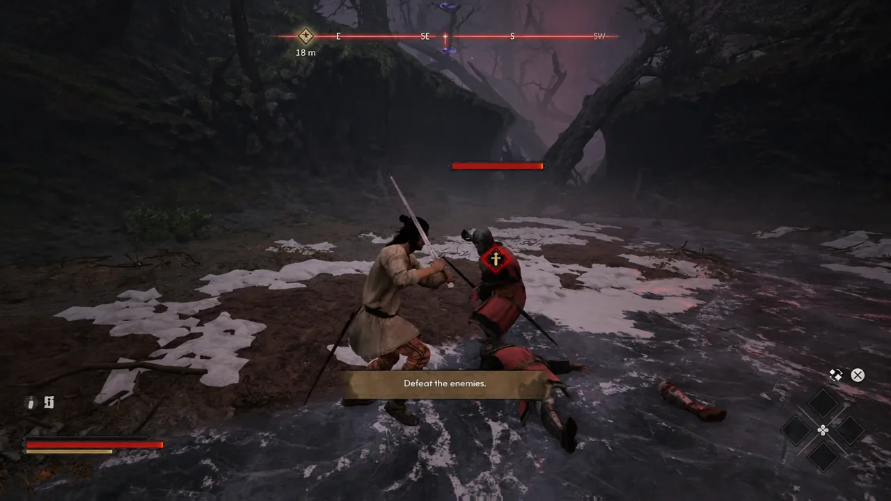 Tutorial soldier encounter used to practise consecutive Perfect Blocks; this frame is not proof that Untouchable unlocked.