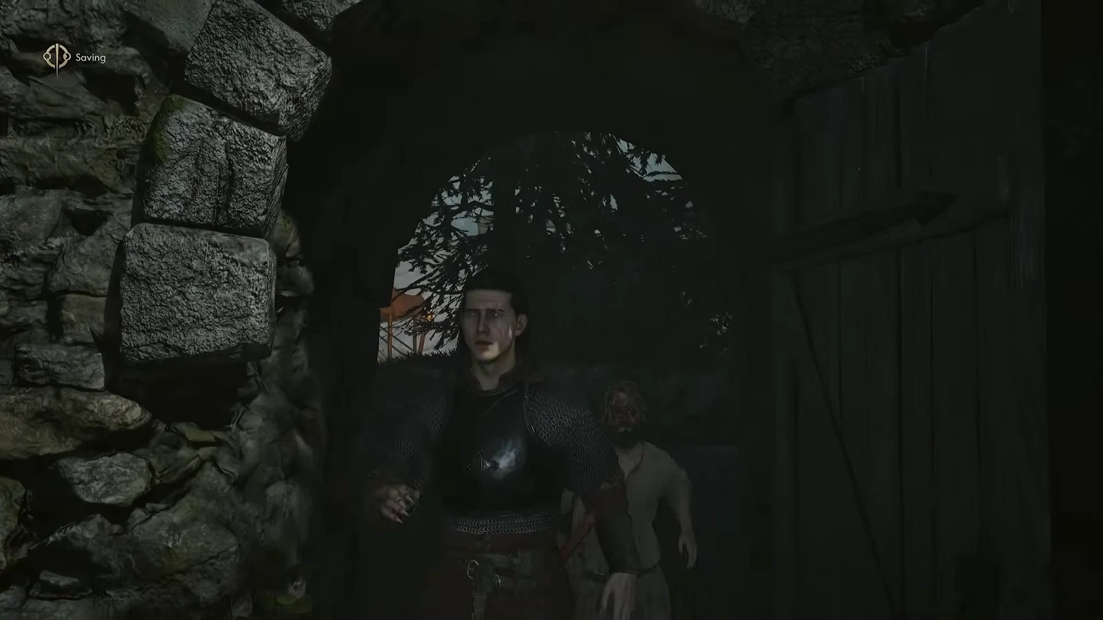Coen and a companion passing through a stone doorway; not a map of the shortcut.