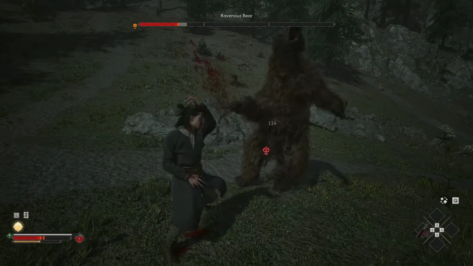 Ravenous Bear combat reference from ATH; this frame identifies the enemy, not a precise route coordinate or guaranteed damage value.