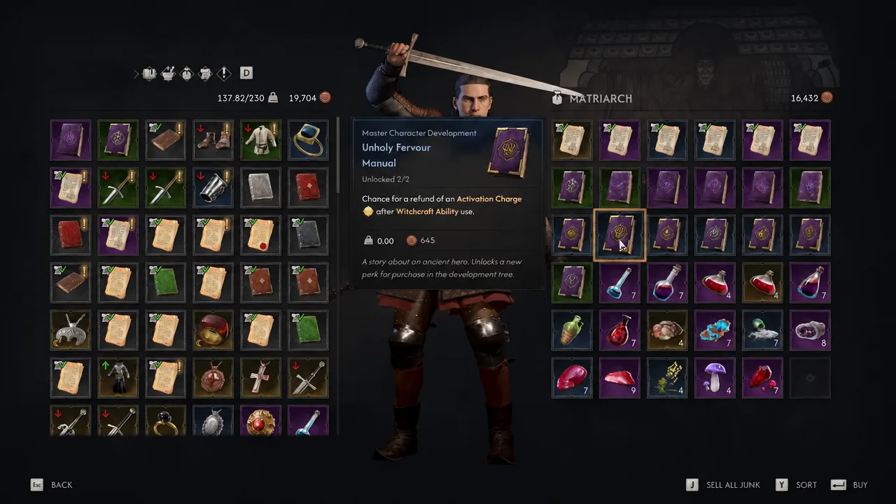 The selected vendor item is Unholy Fervour, not Unholy Vitality