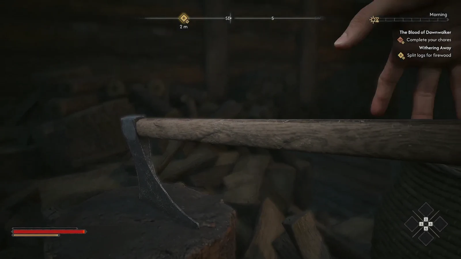 Chopping-block scene with the Withering Away firewood objective visible; follow your current input prompts.