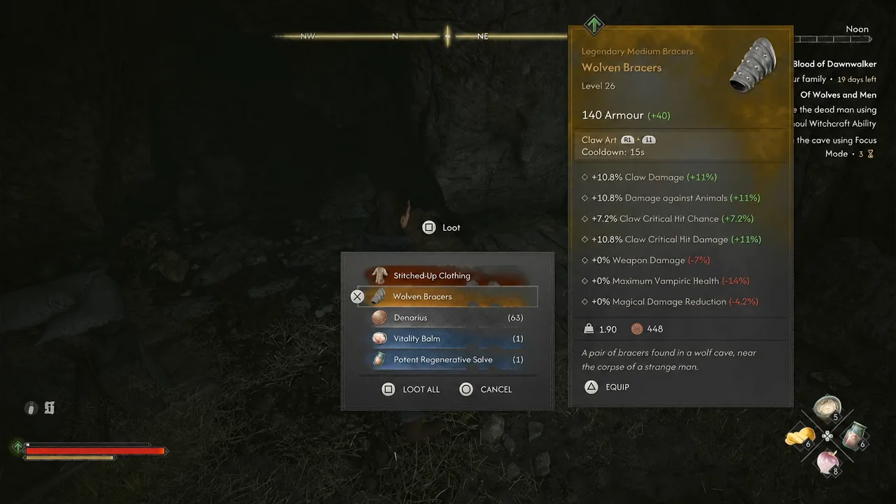 Wolven Bracers and Stitched-Up Clothing in the same loot list; displayed stats belong to this item.