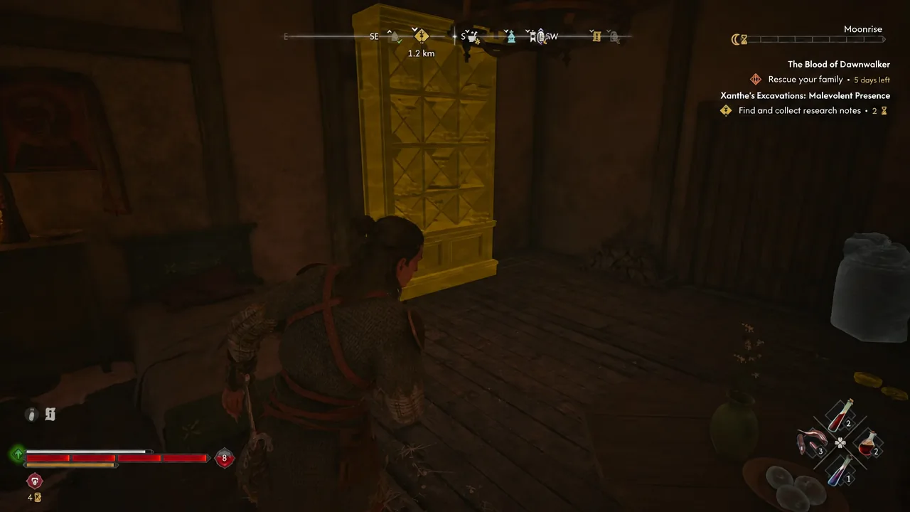 Focus highlights furniture inside the attic; the excavation tracker belongs to another quest.
